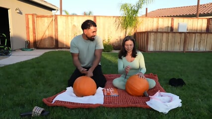 Lesbians Carve Pumpkins Together